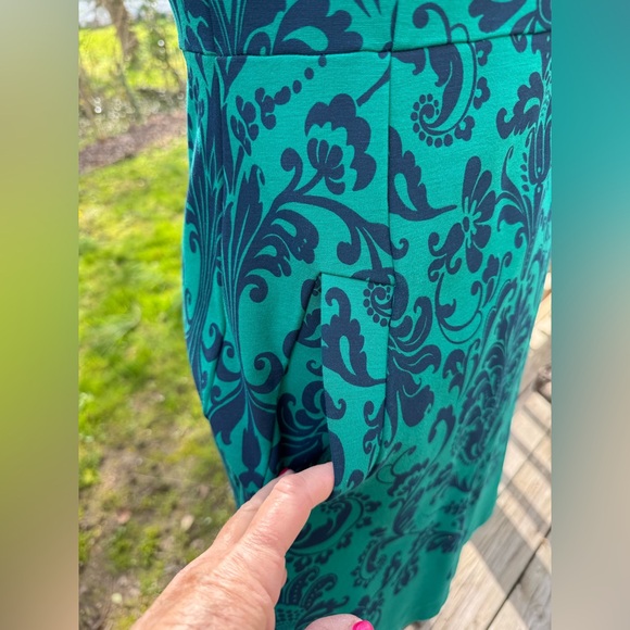 Lands End Size 6 Ponte Knit Sleeveless Sheath Dress Pockets Green Blue Paisley - Picture 4 of 13